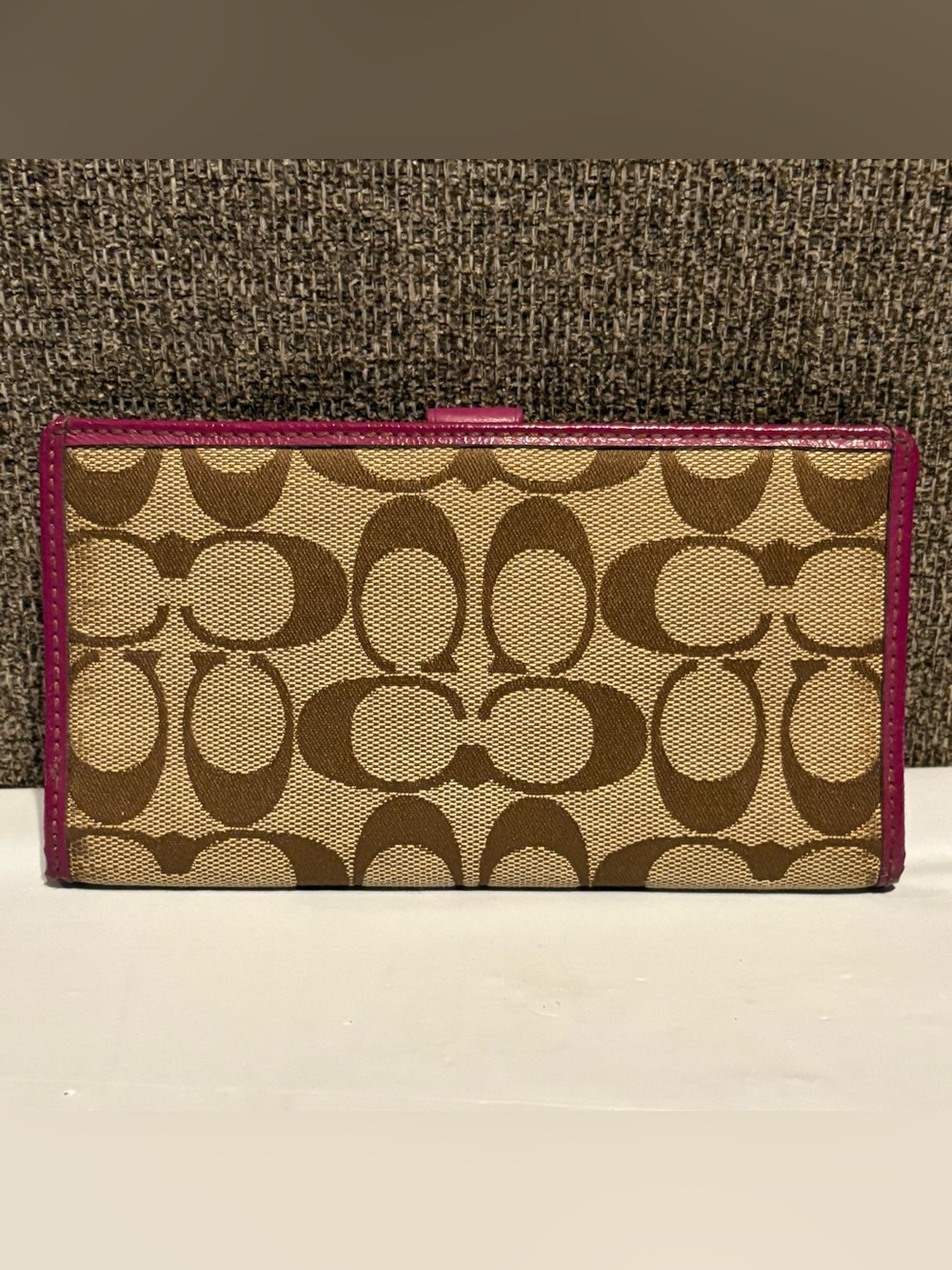 Coach Hampton Signature Checkbook Cover Tan Brown Logo Canvas Leather Pen Holder